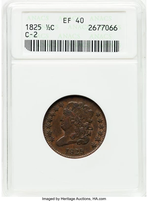 image for: 1825 1/2C C-2, B-2, R.1, XF40 ANACS. Mintage 63,000....