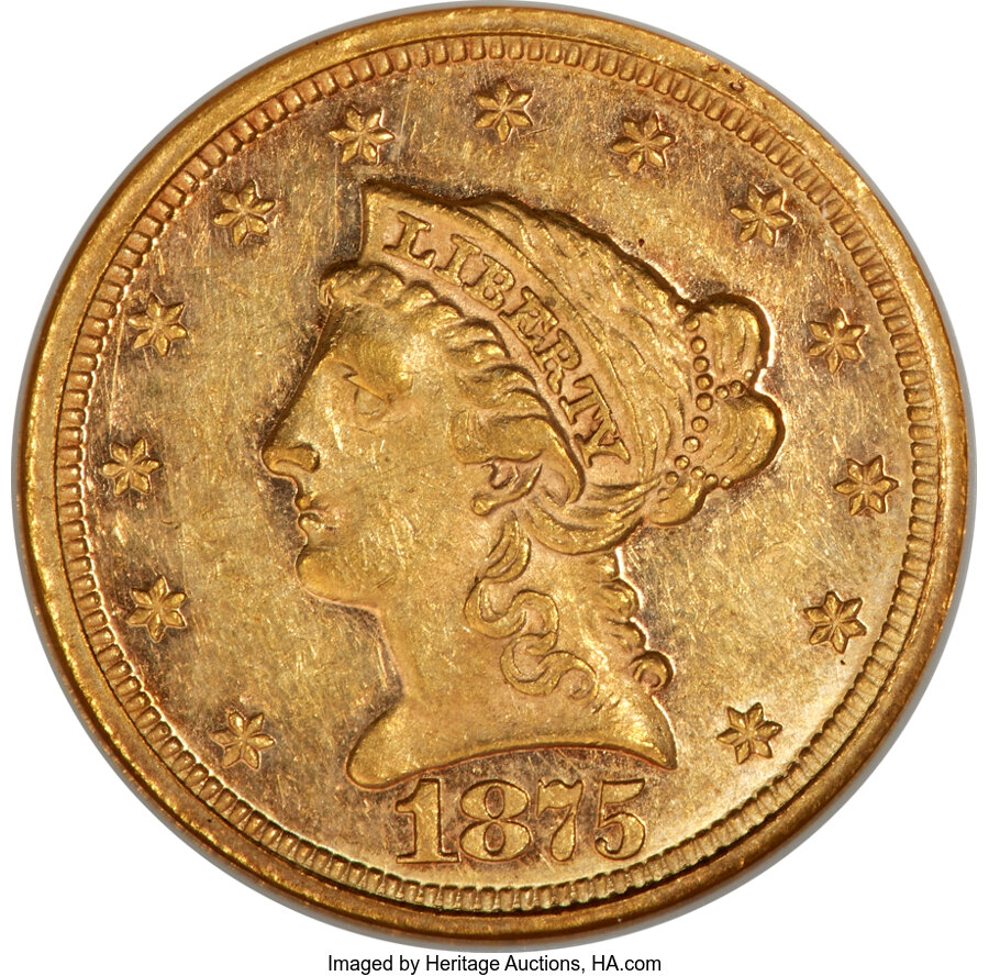 image for: 1875 $2 1/2 AU58 NGC....