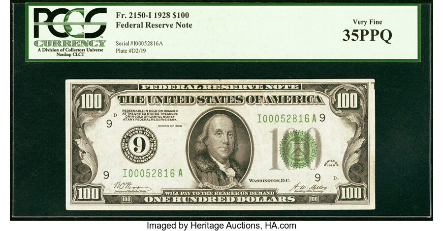 image for: Fr. 2150-I $100 1928 Federal Reserve Note. PCGS Very Fine 35PPQ....