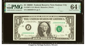 image for: Low Serial Number 18 Fr. 1907-J $1 1969D Federal Reserve Note. PMG Choice Uncirculated 64 EPQ....