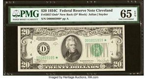 image for: Fr. 2057-D* $20 1934C New Back Federal Reserve Star Note. PMG Gem Uncirculated 65 EPQ....