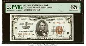 image for: Low Serial Number 1124 Fr. 1850-B $5 1929 Federal Reserve Bank Note. PMG Gem Uncirculated 65 EPQ....