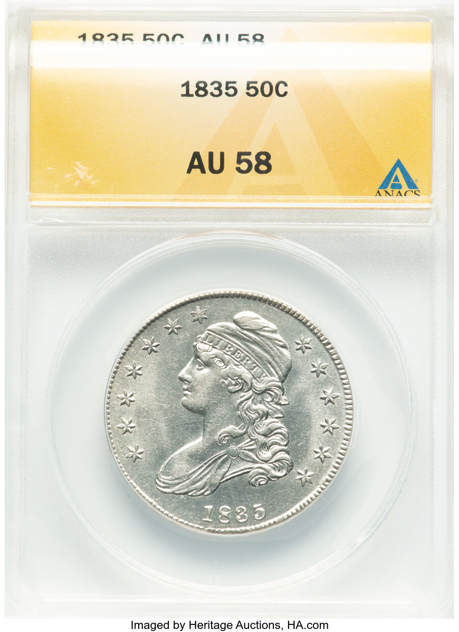 image for: 1835 50C O-103, R.2, AU58 ANACS.  Mintage 5,352,006....