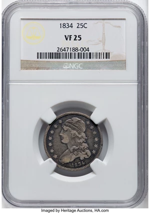 image for: 1834 25C B-4, R.1, VF25 NGC. NGC Census: (56/543). Mintage 286,000....
