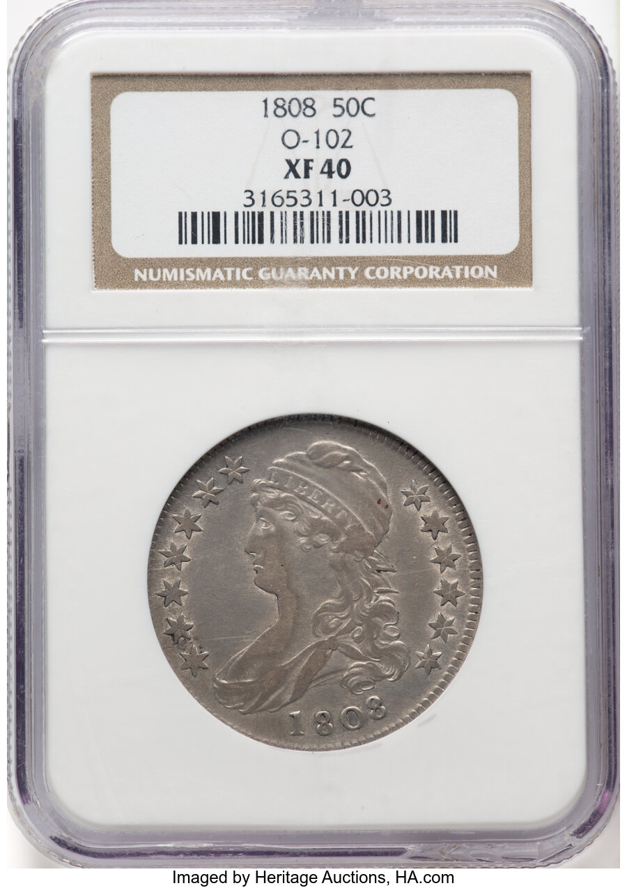 image for: 1808 50C O-102a, R.2, XF40 NGC. Incorrectly attributed as O-102 by NGC. The radial crack through the left side of the 0 in ...