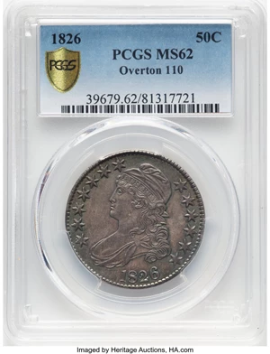 image for: 1826 50C O-110, R.2, MS62 PCGS. PCGS Population: (2/0 and 1/2+). Mintage 4,000,000....