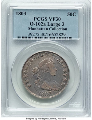 image for: 1803 50C Large 3, Small Reverse Stars, O-102a, T-2, Low R.4, VF30 PCGS. Ex: Manhattan Collection. PCGS Population: (2/3). N...