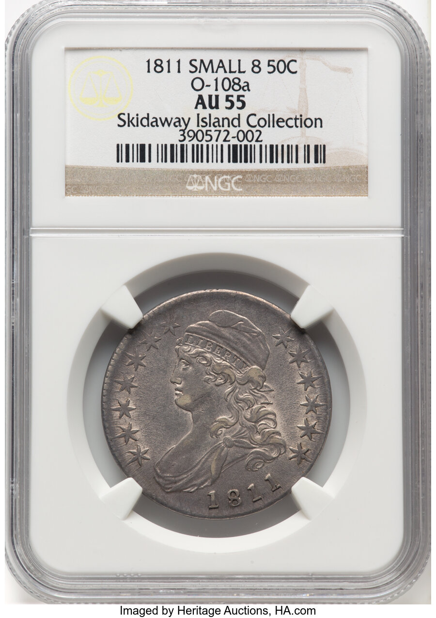 image for: 1811 50C Small 8, O-108a, R.2, AU55 NGC. Ex: Skidaway Island Collection. NGC Census: (4/4). PCGS Population: (0/6). CDN: $1...