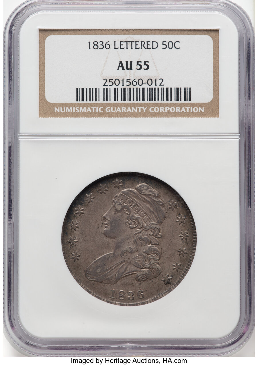 image for: 1836 50C Lettered Edge, Bar Dot, O-112, R.2, AU55 NGC.  Mintage 6,545,000....