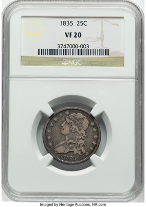 image for: 1835 25C B-1, R.1, VF20 NGC. NGC Census: (40/594). Mintage 1,952,000....