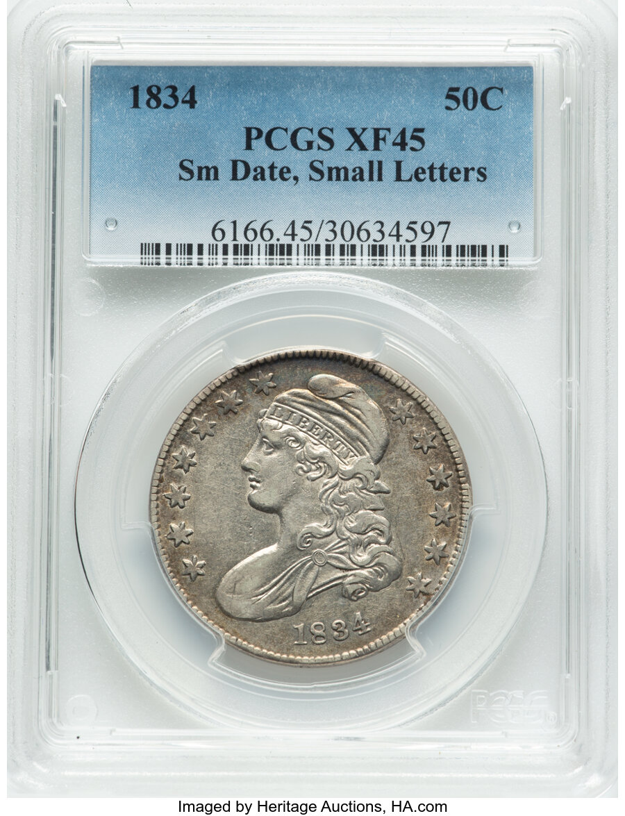 image for: 1834 50C Small Date, Small Letters, O-114, R.1, XF45 PCGS....