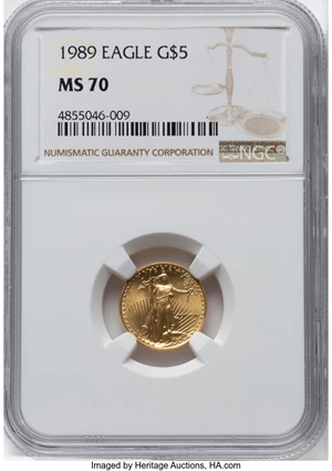 image for: 1989 $5 Tenth-Ounce Gold Eagle MS70 NGC. Mintage 264,790. ...