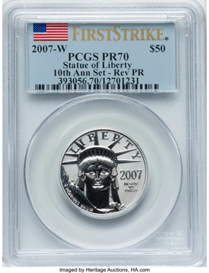 image for: 2007-W $50 Half-Ounce Platinum Eagle, Statue of Liberty, 10th Anniversary, First Strike, Reverse Proof, PR70 PCGS....