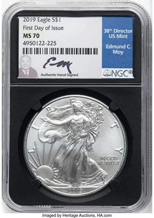 image for: 2019 $1 Silver Eagle, First Day of Issue MS70 NGC. Hand-signed, Edmund C. Moy. NGC Census: (0). PCGS Population: (5845). ...