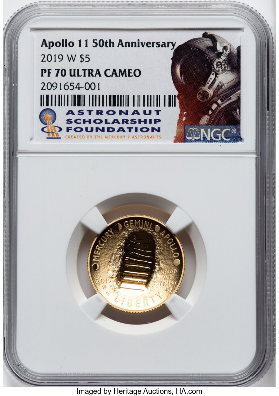 image for: 2019-W $5 Apollo 11 50th Anniversary PR70 Ultra Cameo NGC. Astronaut Scholarship Foundation....