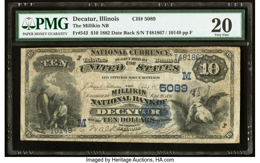 image for: Decatur, IL - $10 1882 Date Back Fr. 543 The Millikin National Bank Ch. # (M)5089 PMG Very Fine 20....