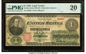 image for: Fr. 16a $1 1862 Legal Tender PMG Very Fine 20....