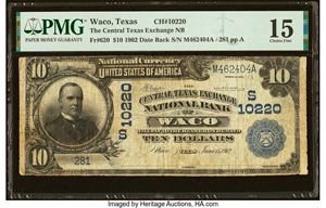 image for: Waco, TX - $10 1902 Date Back Fr. 620 The Central Texas Exchange National Bank Ch. # (S)10220 PMG Choice Fine 15....