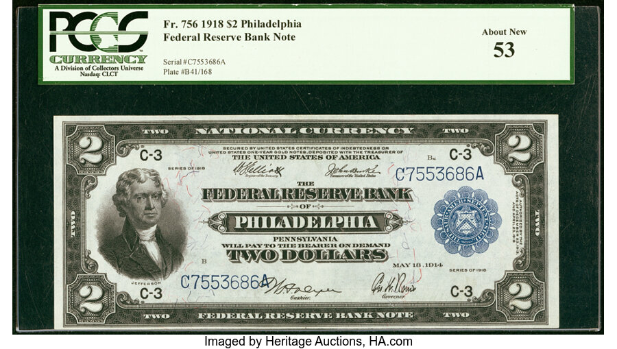 image for: Fr. 756 $2 1918 Federal Reserve Bank Note PCGS About New 53....