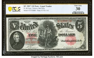 image for: Fr. 84 $5 1907 Legal Tender PCGS Banknote Very Fine 30....