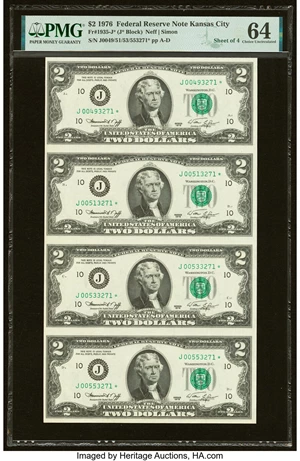 image for: Fr. 1935-J* $2 1976 Federal Reserve Star Notes. Uncut Sheet of Four. PMG Choice Uncirculated 64....