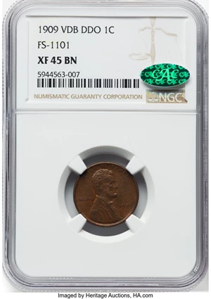 image for: 1909 1C VDB Doubled Die Obverse FS-1101 XF45 Brown NGC. CAC. CAC Population: (1/16)....