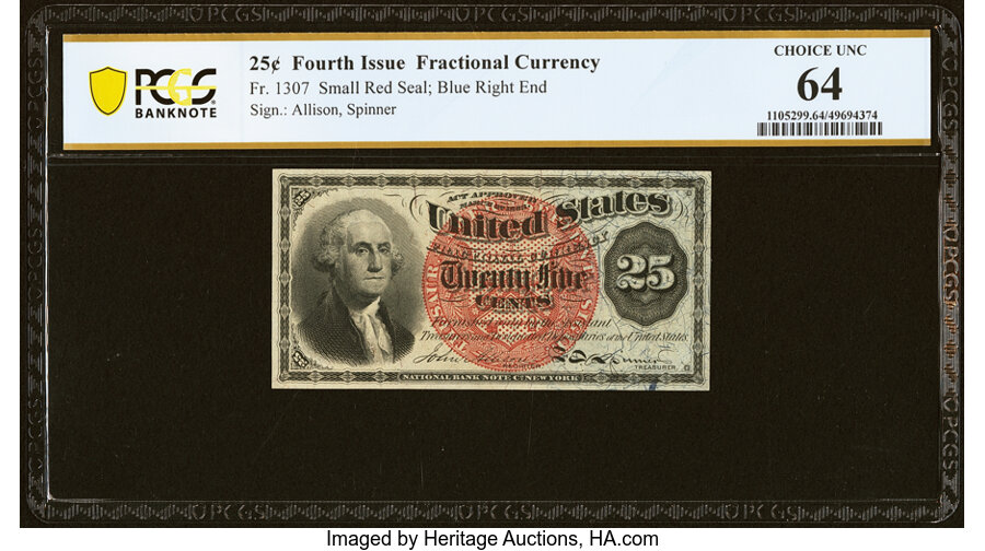 image for: Fr. 1307 25¢ Fourth Issue PCGS Banknote Choice Unc 64....