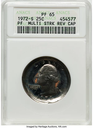 image for: 1972-S 25C Washington Quarter -- Multi Strk Reverse Cap -- PR65 ANACS. Mintage 3,300,000....