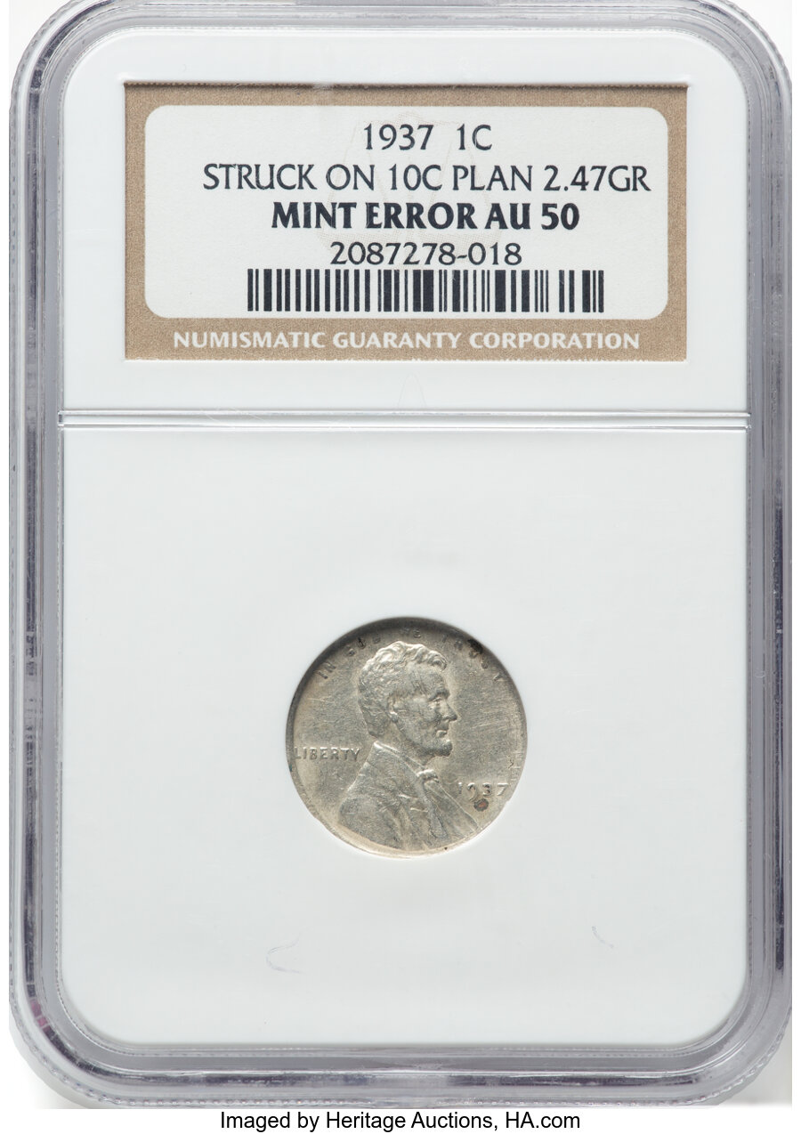 image for: 1937 1C Lincoln Cent -- Struck On 10C Planchet -- AU50 NGC. 2.47 grams. NGC Census: (0/45).  Mintage 309,179,320....