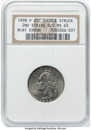 image for: 1998-P 25C Washington Quarter -- Double Struck 2ND Strike O/C -- MS63 NGC. NGC Census: (0/346)....