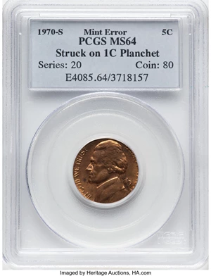 image for: 1970-S 5C Jefferson Nickel -- Struck on 1C Planchet -- MS64 PCGS. Mintage 214,464,814....
