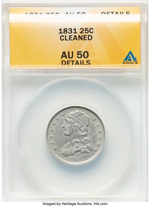 image for: 1831 25C Small Letters, B-1, R.3 -- Cleaned -- ANACS Details. AU50. Mintage 398,000....