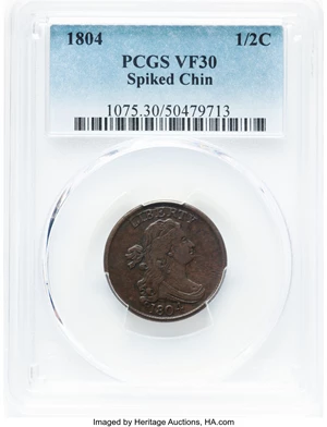 image for: 1804 1/2 C Spiked Chin, C-8, B-7, R.1, VF30 PCGS. PCGS Population: (75/448)....