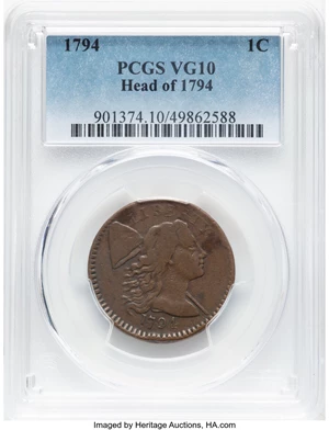 image for: 1794 1C Head of 1794, Shielded Hair, S-65, B-51, R.1, VG10 PCGS. PCGS Population: (1/27)....