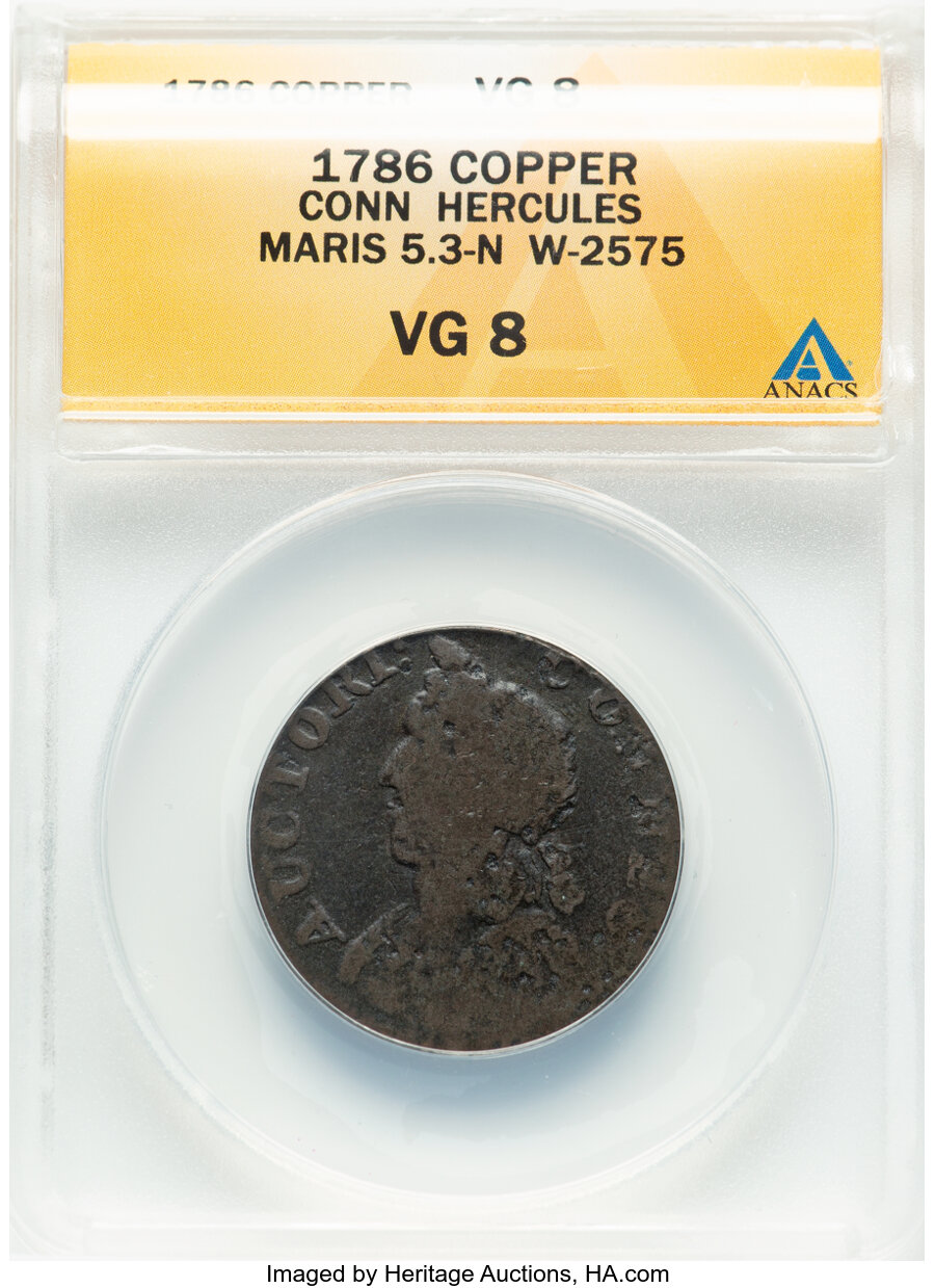 image for: 1786 Connecticut Copper, Hercules Head, M. 5.3-N, W-2575, R.2, VG8 ANACS. Incorrectly designated as Maris 5.3-N by ANACS, in...