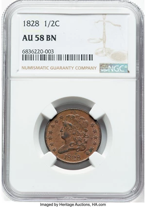 image for: 1828 1/2 C 13 Stars, C-3, B-2, R.1, AU58 NGC. NGC Census: (10/42). Mintage 606,000....