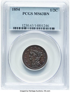 image for: 1854 1/2 C C-1, B-1, R.1, MS63 Brown PCGS. Mintage 55,358....