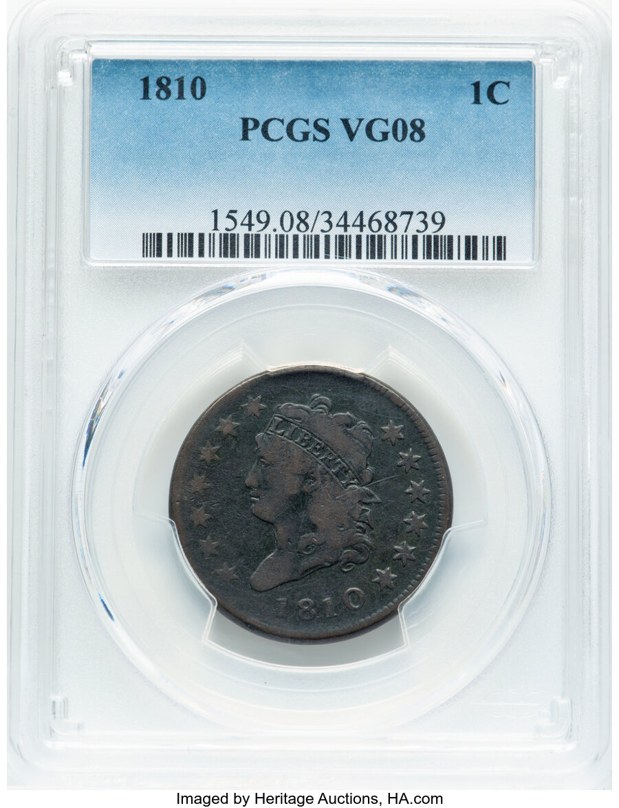 image for: 1810 1C S-284, B-5, R.3, VG8 PCGS.  Mintage 1,458,500....