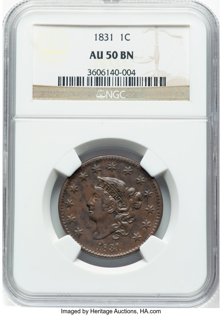 image for: 1831 1C Large Letters, N-7, R.1, AU50 NGC. NGC Census: (11/121).  Mintage 3,359,260....