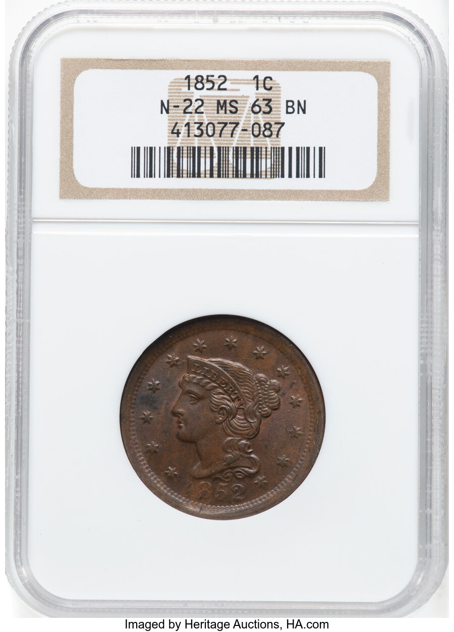 image for: 1852 1C N-22, N-9, R.1, MS63 Brown NGC. NGC Census: (2/9).  Mintage 5,063,094....