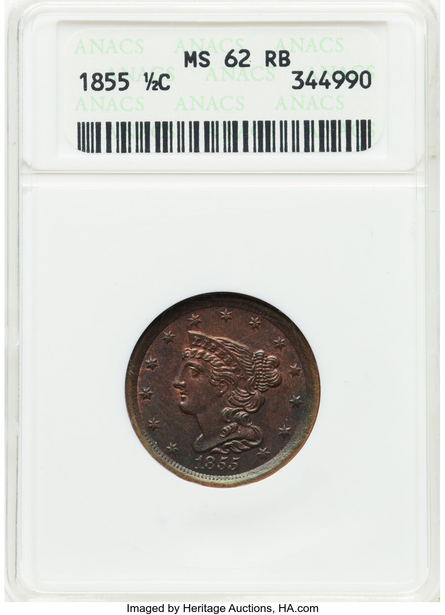 image for: 1855 1/2 C C-1, B-1, R.1, MS62 Red and Brown ANACS.  Mintage 56,500....