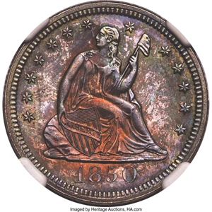 image for: 1850 25C Misplaced Date, Briggs 1-A, FS-301, MS64 Prooflike NGC....