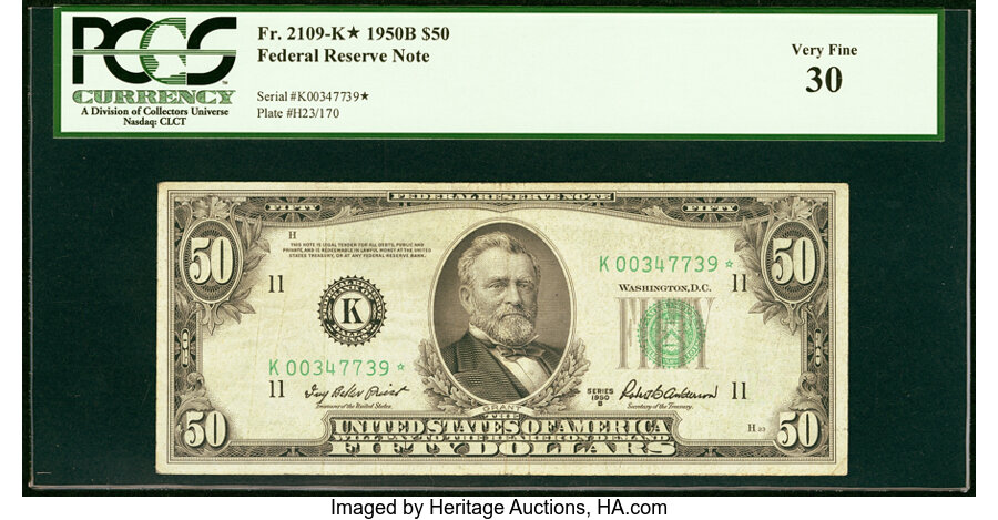 image for: Fr. 2109-K* $50 1950B Federal Reserve Star Note. PCGS Very Fine 30....