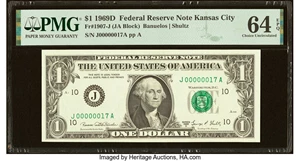 image for: Low Serial Number 17 Fr. 1907-J $1 1969D Federal Reserve Note. PMG Choice Uncirculated 64 EPQ....