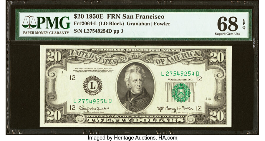 image for: Fr. 2064-L $20 1950E Federal Reserve Note. PMG Superb Gem Unc 68 EPQ....