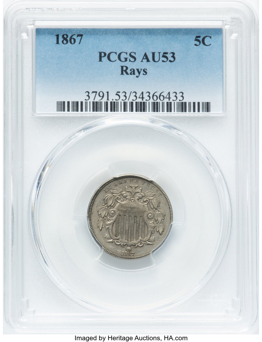 5分割のC 1867 5C Rays (Regular Strike) Shield Nickel - PCGS CoinFacts