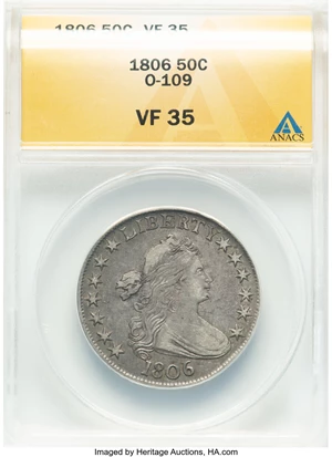 image for: 1806 50C Pointed 6, No Stem, O-109, T-15, R.1, VF35 ANACS....