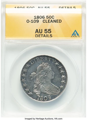 image for: 1806 50C Pointed 6, No Stem, O-109, T-15, R.1 -- Cleaned -- ANACS Details. AU55....