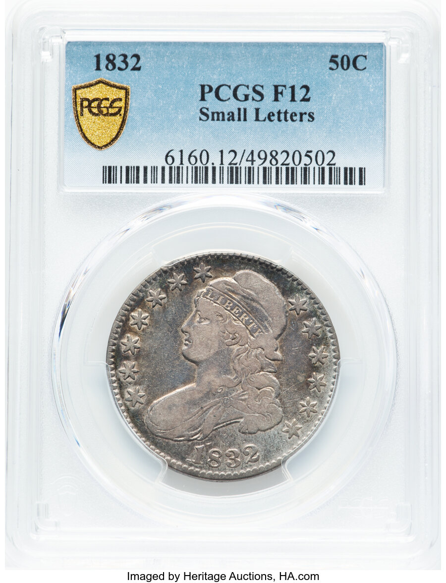 image for: 1832 50C Small Letters, O-112, R.2, Fine 12 PCGS. PCGS Population: (18/3797).  Mintage 4,797,000....
