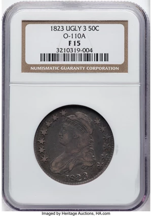 image for: 1823 50C Ugly 3, O-110a, R.1, Fine 15 NGC. NGC Census: (1/28)....